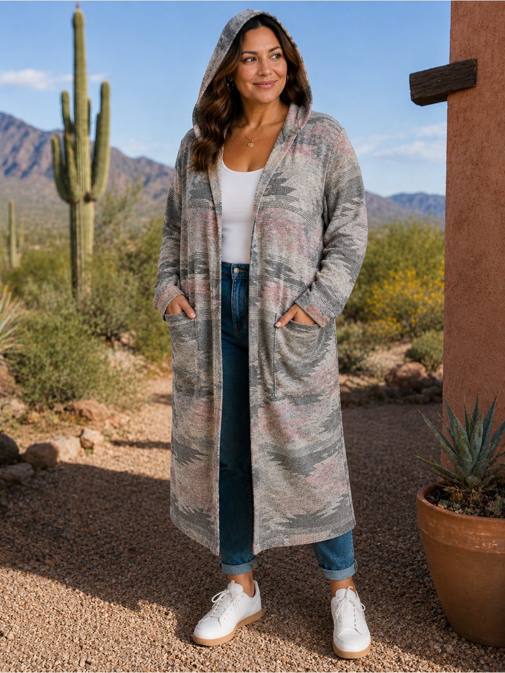 🆕🎉NWT Southwestern 🌵Hooded Long Cardigan Coat - Gray & Pink